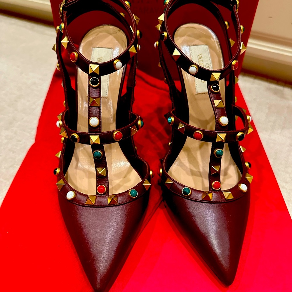 Very rare great condition Valentino Garavani burgundy Red with colorful studs
